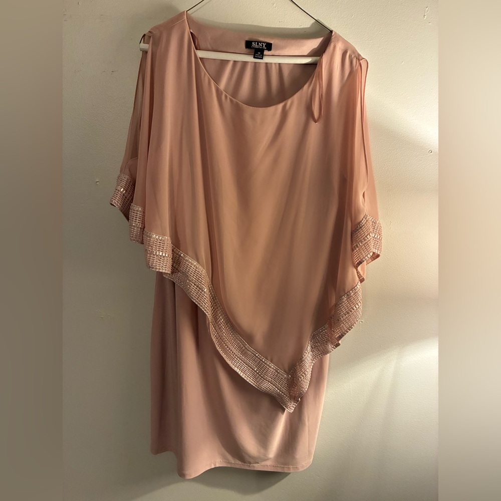 SLNY Coral Overlay Dress | Size 18 | Beaded Trim Cape Sleeve Dress | Elegant